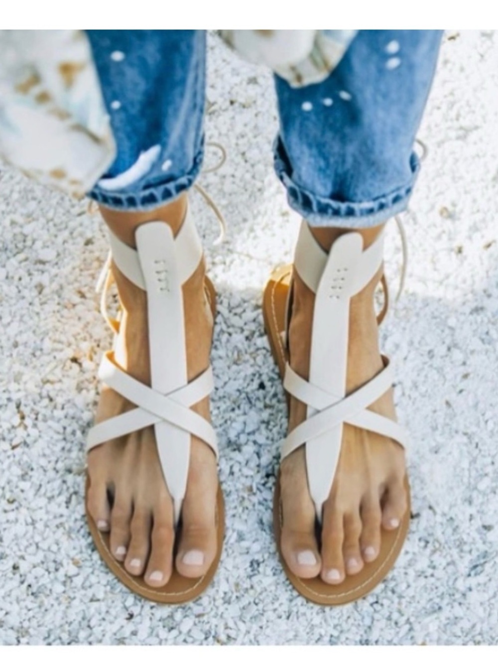 Women's Cream Strappy Sandals with Ankle Tie